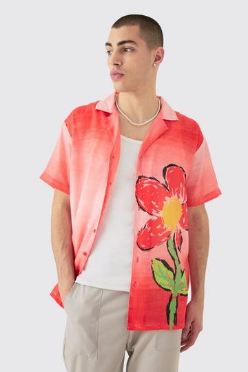 Red Oversized Ombre Flower Print Linen Look Shirt