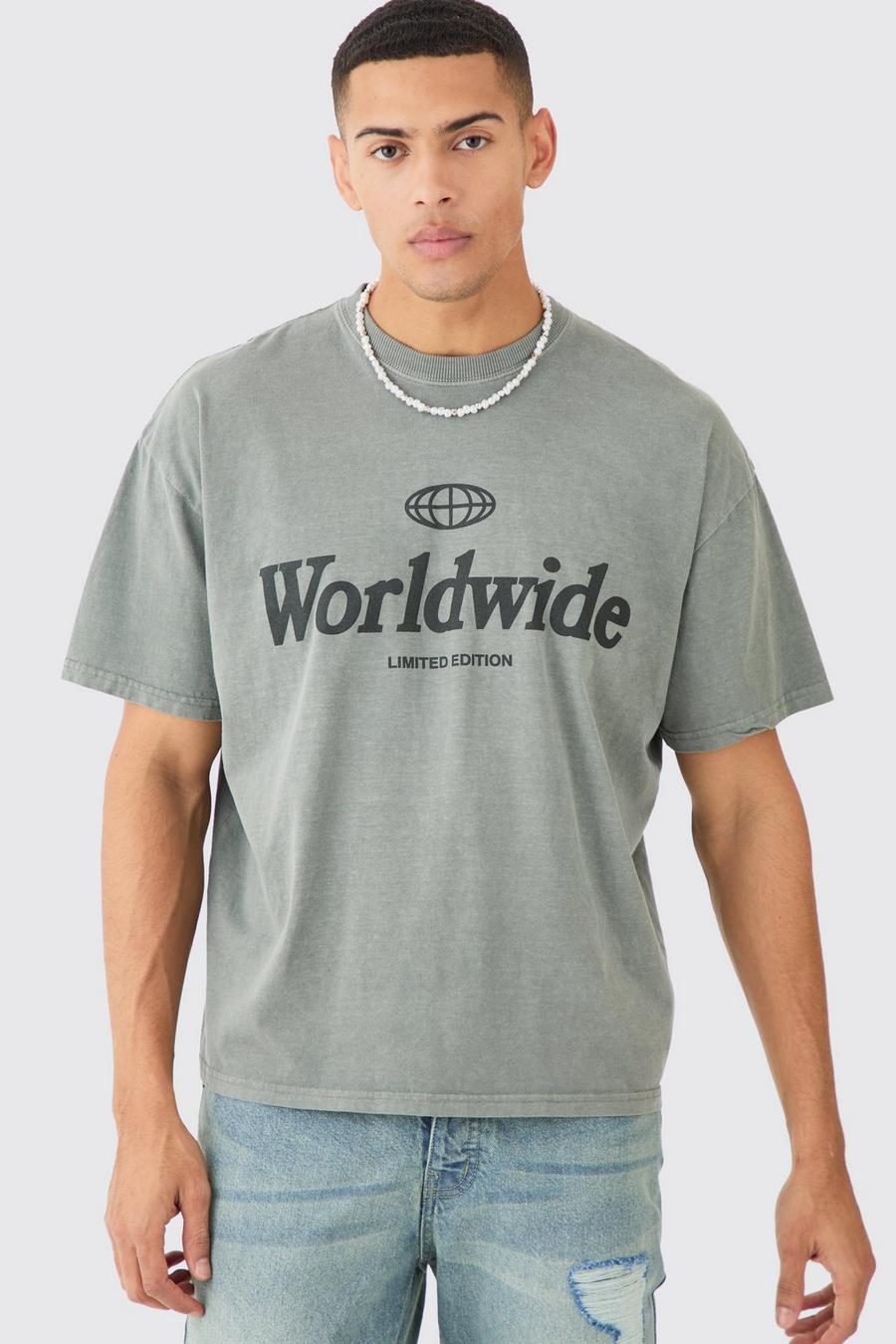Khaki Oversized Boxy Overdye Worldwide T-Shirt image number 1