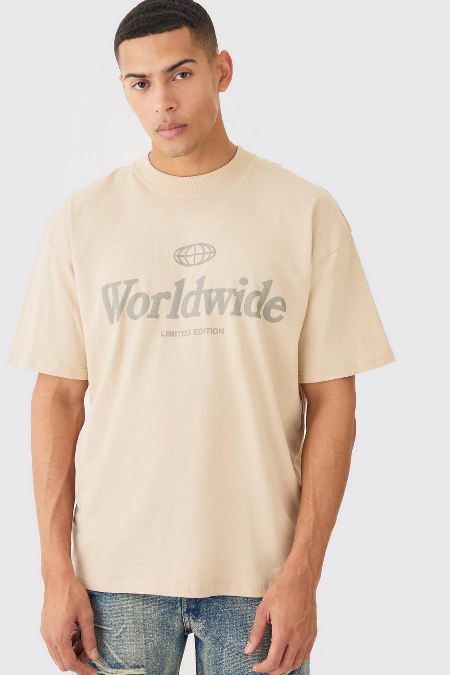 T-Shirt in Übergröße mit Worldwide-Print, Sand image number 1