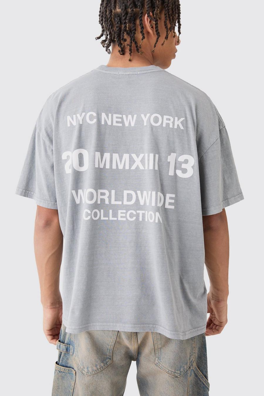 T-shirt squadrata oversize slavata Worldwide con teschio, Grey image number 1