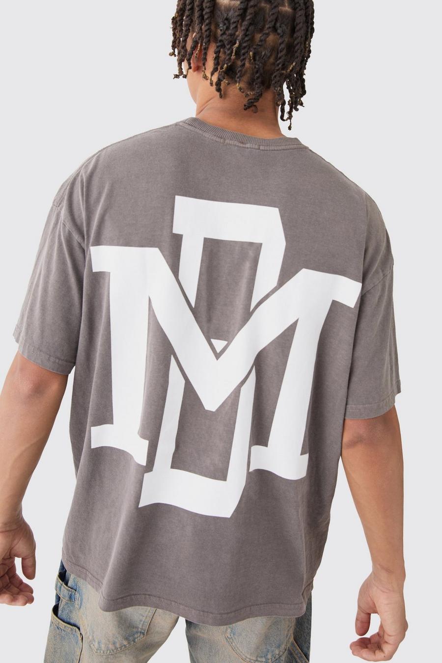 Camiseta oversize recta con estampado gráfico BM desteñido, Chocolate image number 1
