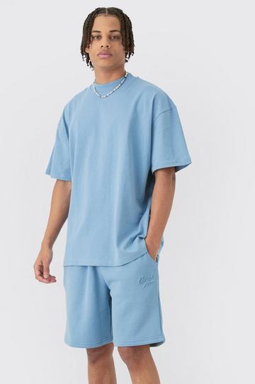 Oversized Extended Neck Official Man Embossed T-shirt & Short Set denim-blue