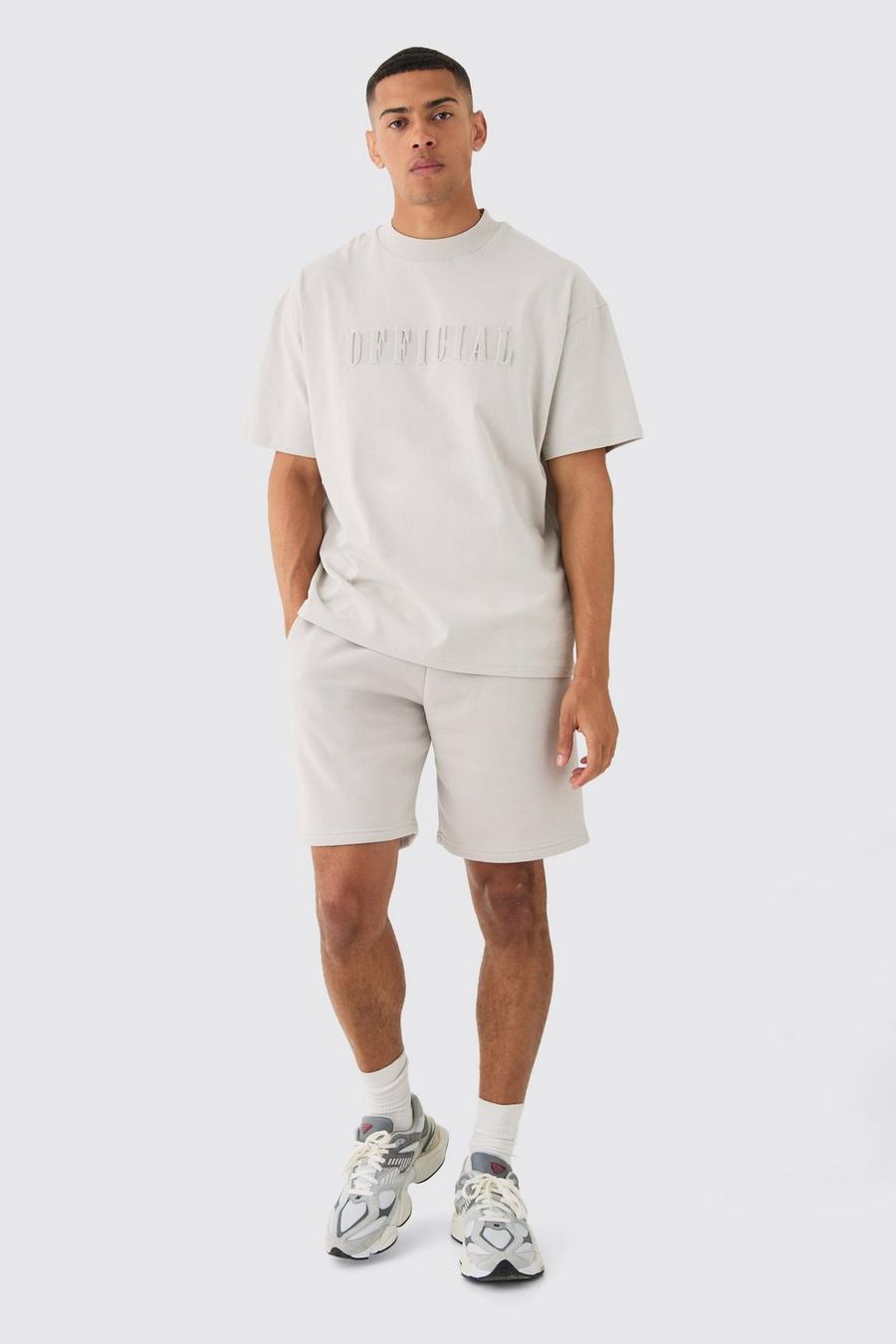Light grey Oversized Official T-Shirt Met Brede Nek, Reliëf En Shorts Set