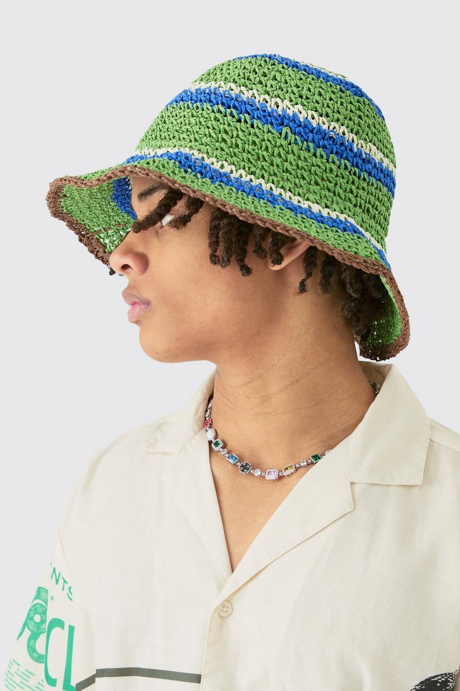 Striped Raffia Bucket Hat In Green