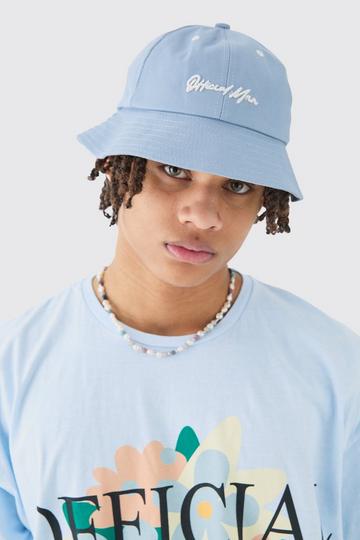 Blue Official Man Embroidered Bucket Hat In Dusty Blue