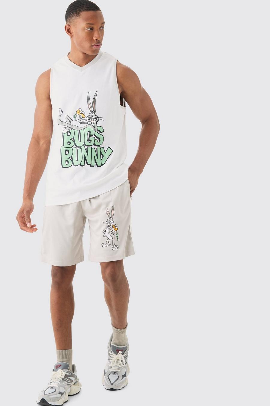 Conjunto oversize de pantalón corto y camiseta sin mangas de malla con estampado de Bugs Bunny Looney Tunes, Grey image number 1