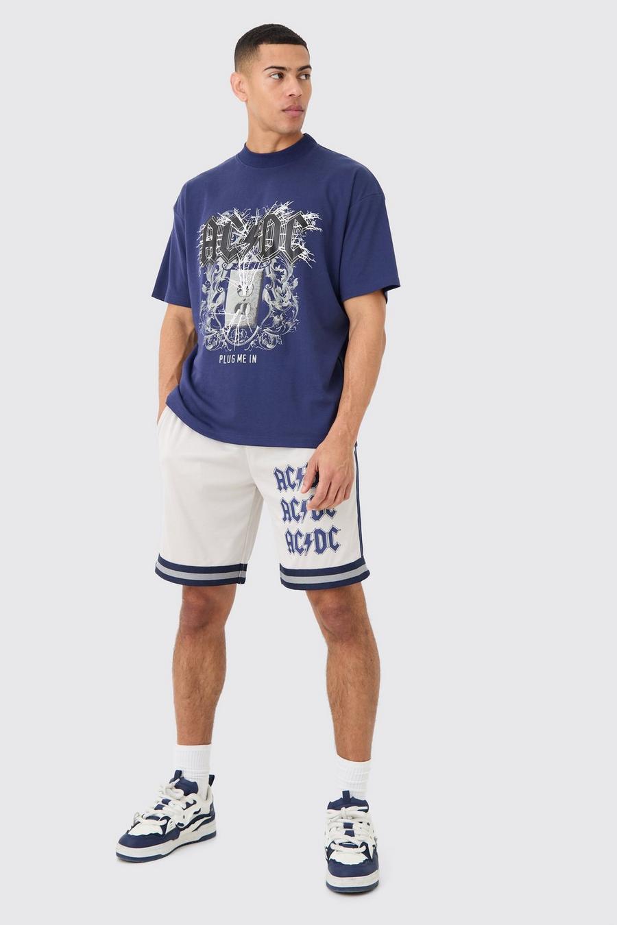 Navy Oversized ACDC License T-shirt And Mesh Short Set image number 1