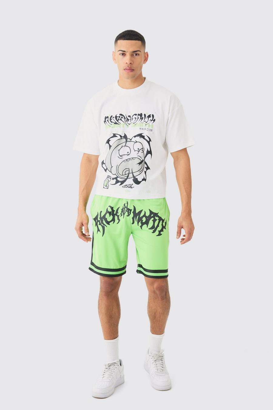 Kastiges Oversize T-Shirt und Mesh-Shorts mit lizenziertem Rick & Morty Print, Green