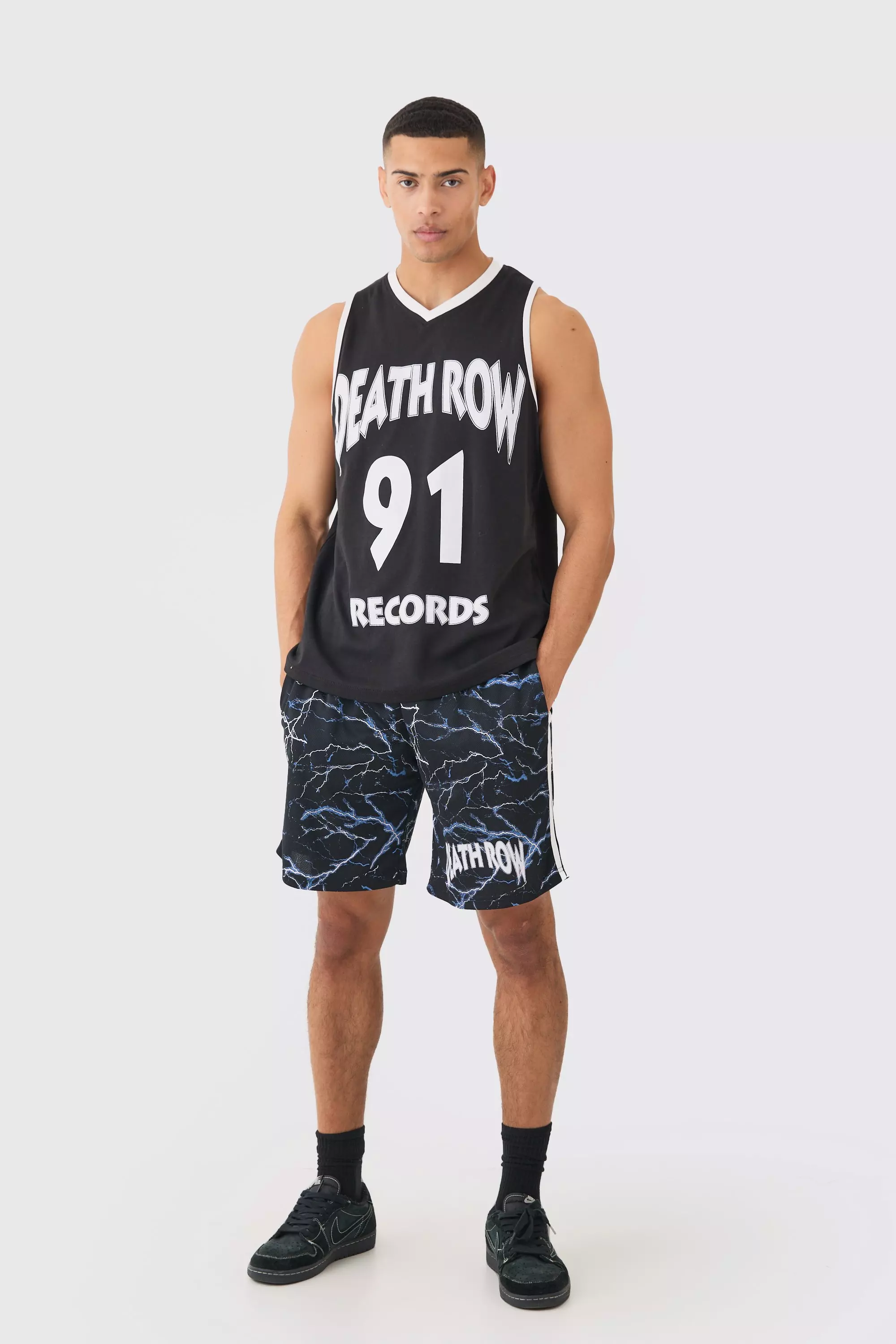 Black Oversized Death Row License Mesh Vest And Short Set صورة بديلة