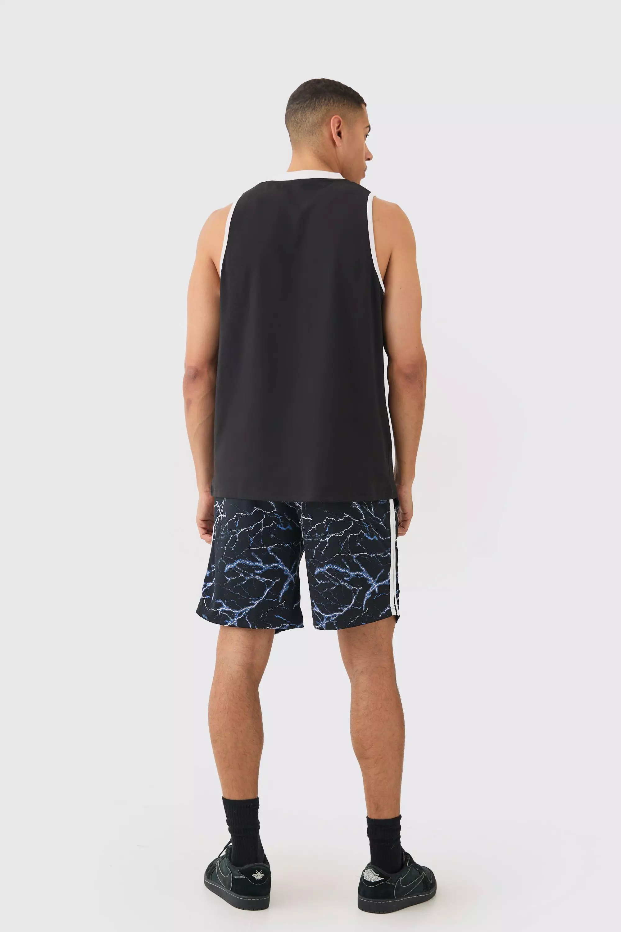 Black Oversized Death Row License Mesh Vest And Short Set صورة بديلة