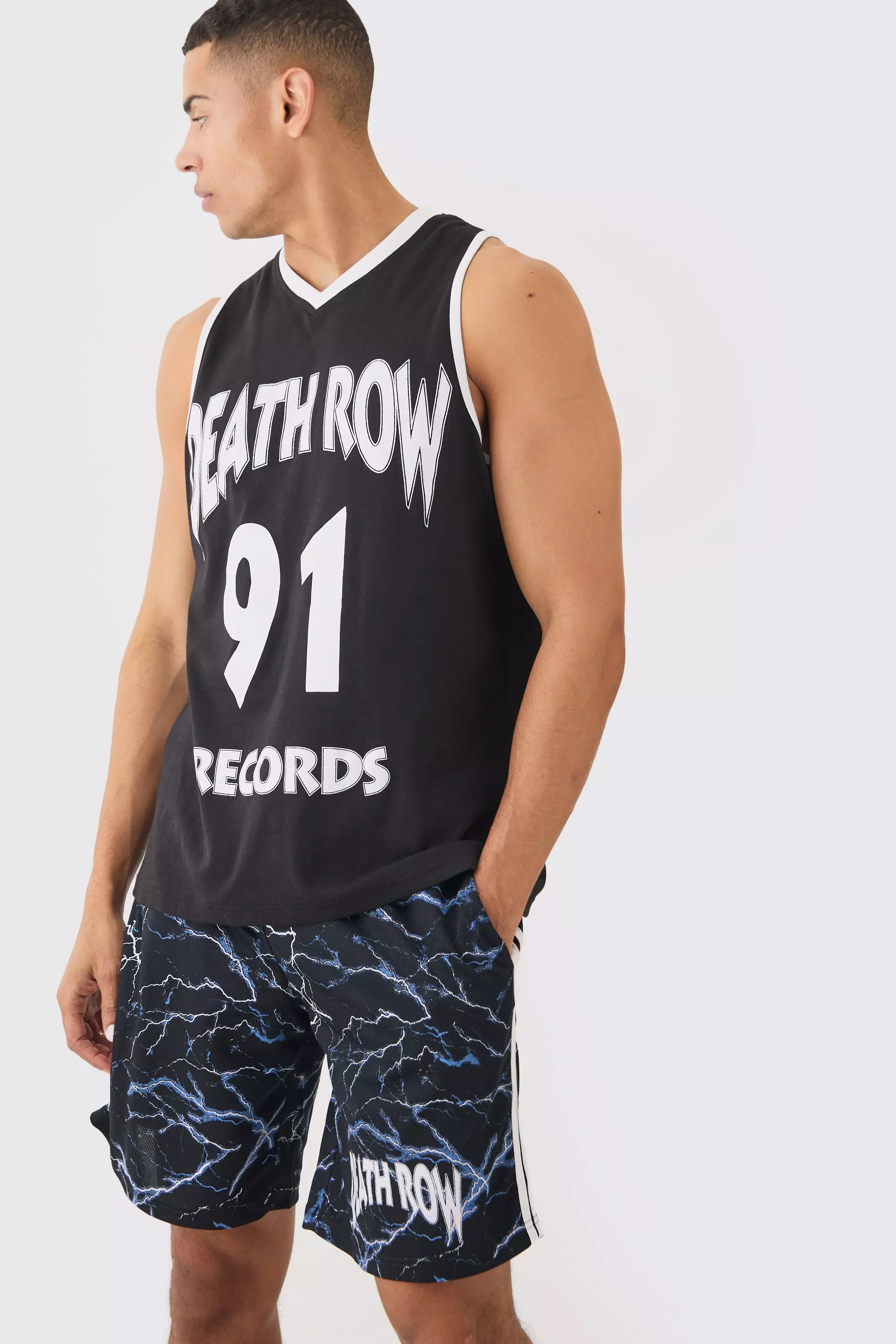 Black Oversized Death Row License Mesh Vest And Short Set صورة بديلة