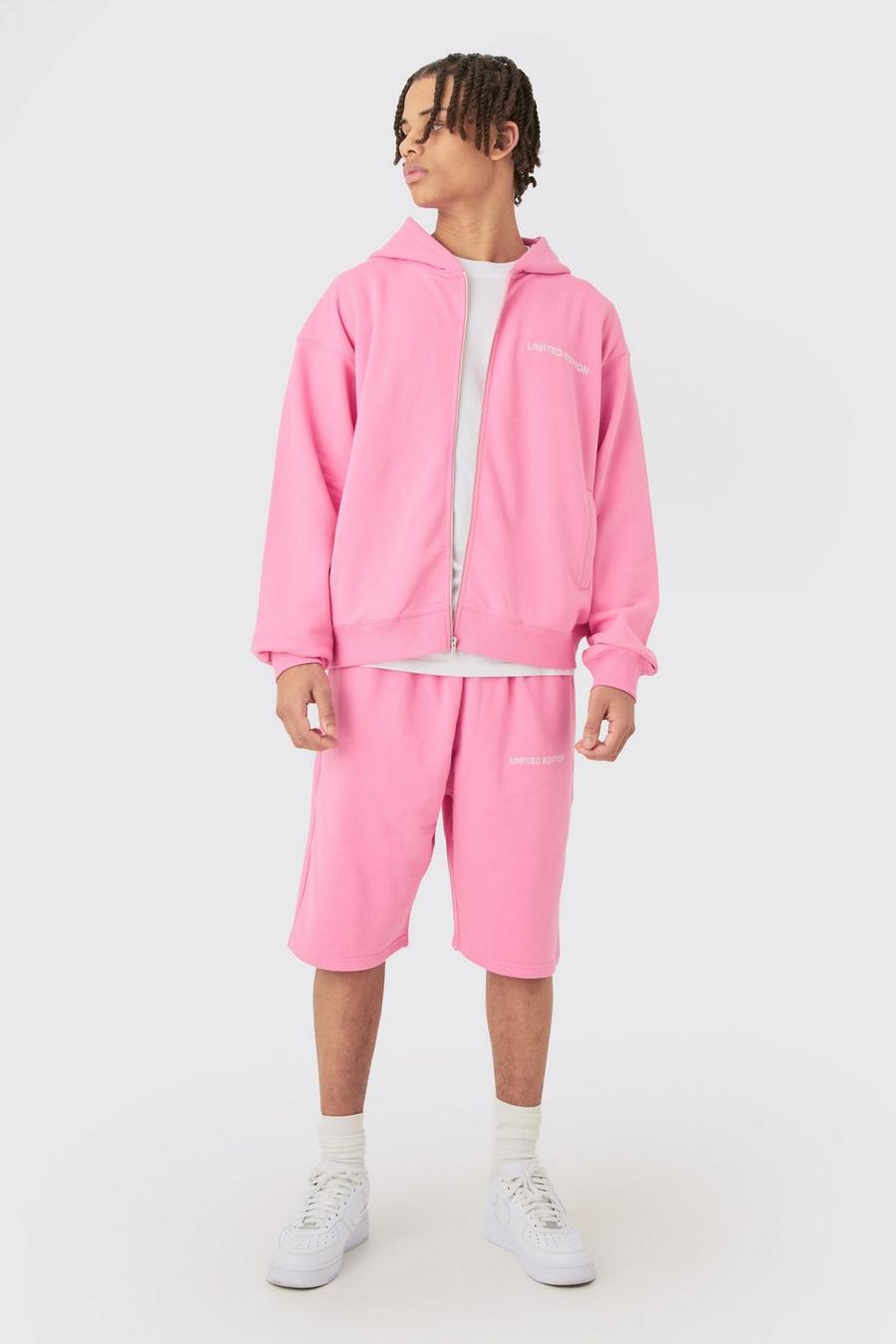 Pink Oversized Boxy Zip Through Hooded Short Tracksuit