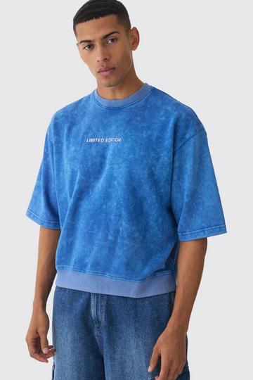 Oversized Boxy Half Sleeve Acid Washed Sweatshirt blue