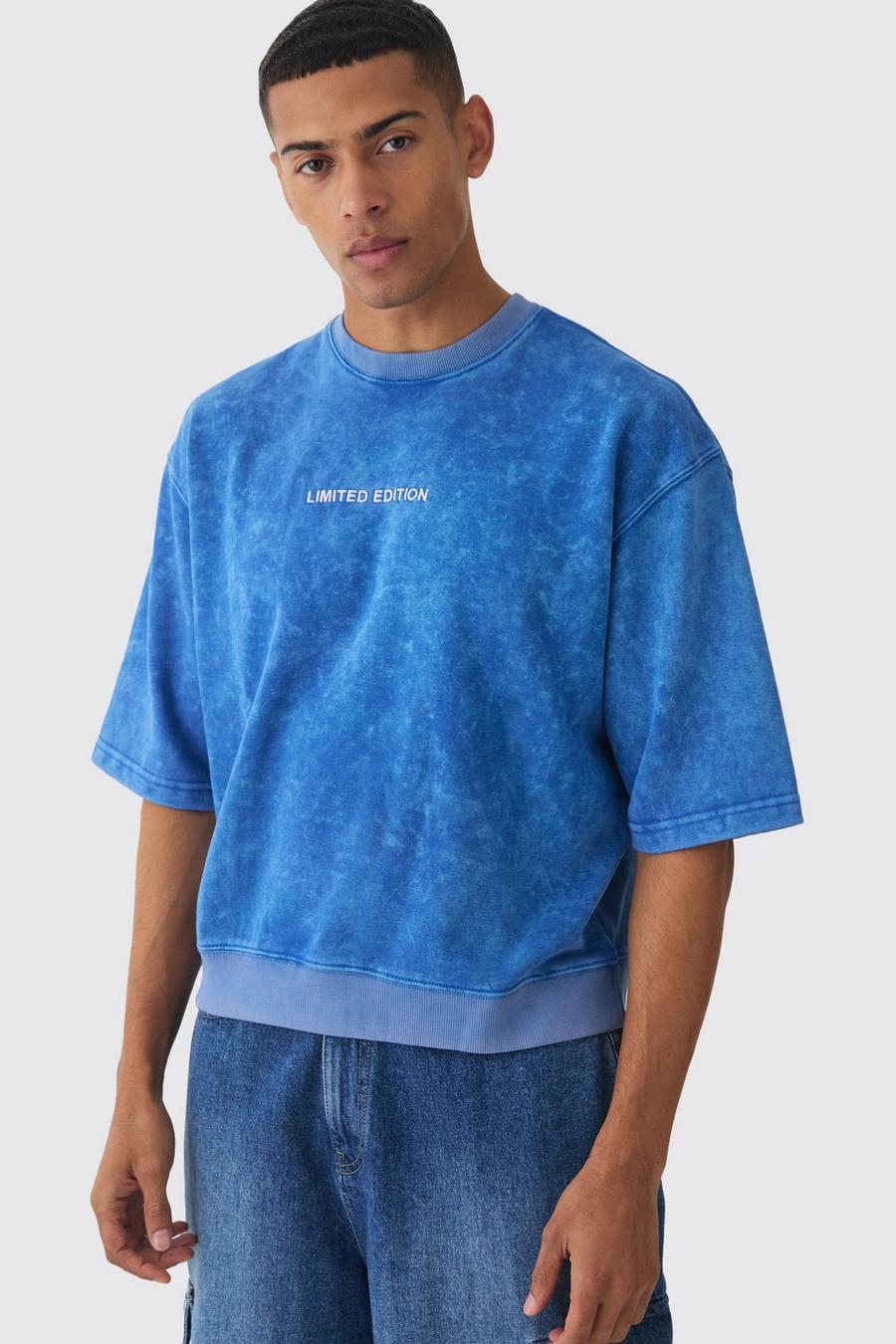 Blue Oversized Boxy Half Sleeve Acid Washed Sweatshirt