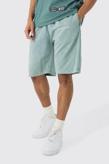 Relaxed Fit Acid Washed Long Length Shorts green