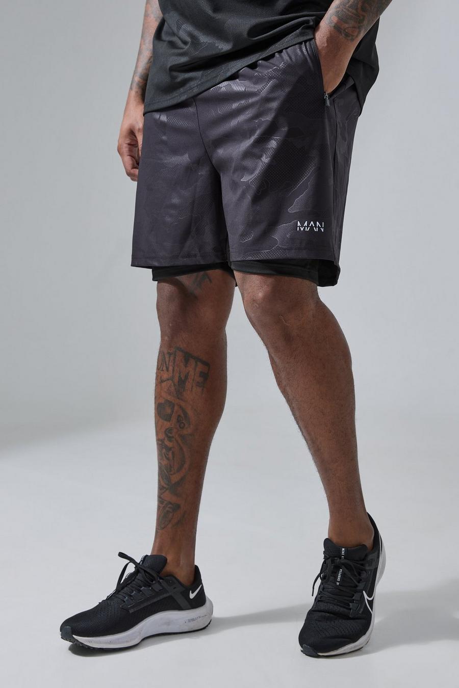 Black Plus Man Active Camouflage Print 2-In-1 Shorts