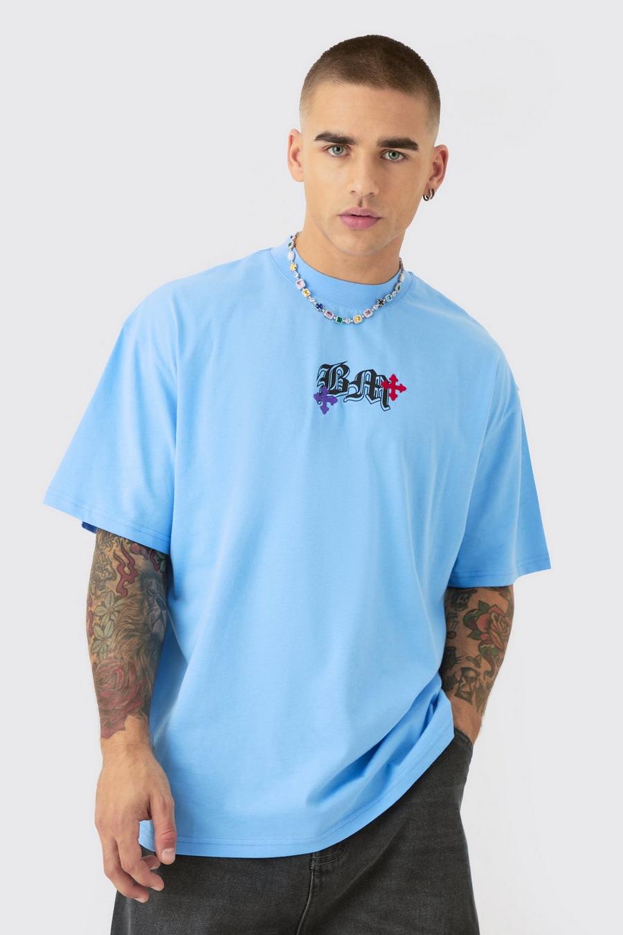 T-shirt oversize épais à broderie BM et croix, Light blue