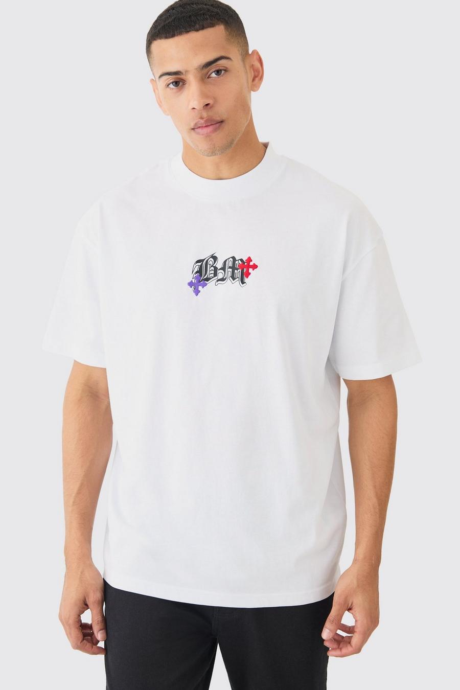T-shirt oversize épais à broderie BM et croix, White image number 1