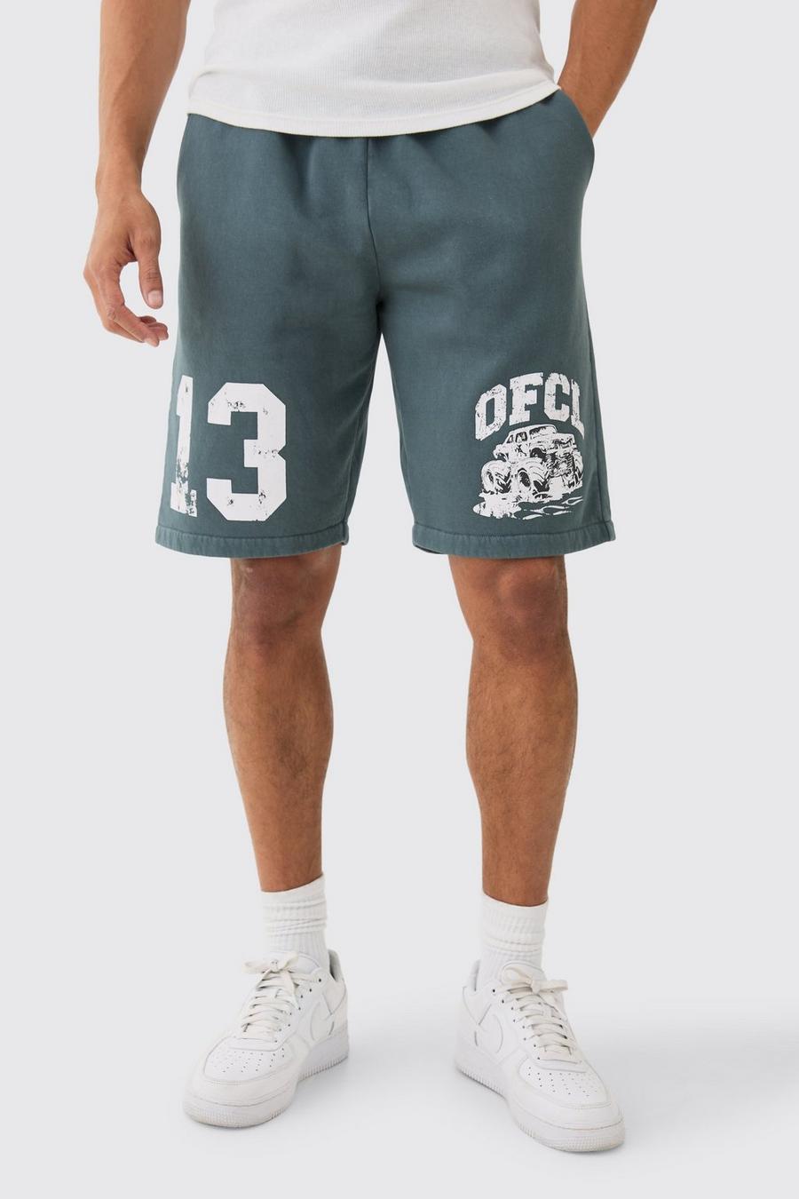 Charcoal Relaxed Long Length Ofcl Racing Acid Wash Shorts image number 1