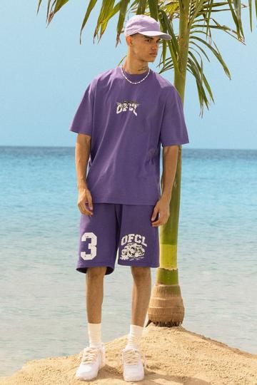 Oversized Ofcl Racing Washed T-shirt & Long Length Shorts purple