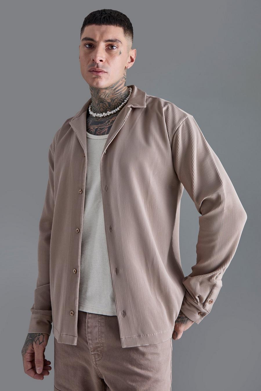 Tall Drop Revere Long Sleeve Pleated Shirt In Mocha image number 1