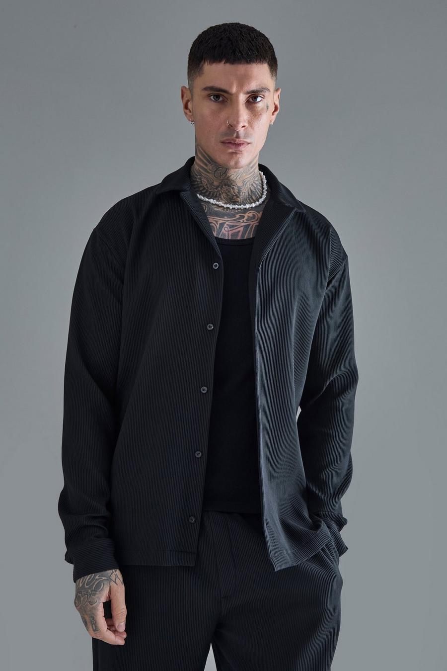 Tall Drop Revere Long Sleeve Pleated Shirt In Black image number 1