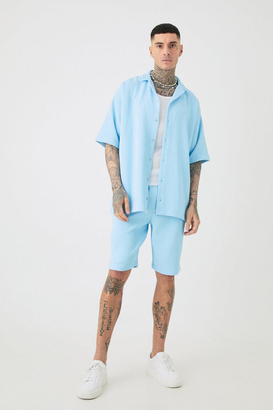 Tall Oversized Short Sleeve Pleated Shirt & Short In Blue image number 1