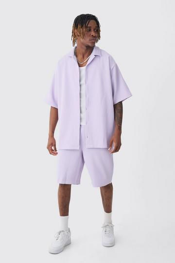 Purple Tall Oversized Short Sleeve Pleated Shirt & Short In Lilac