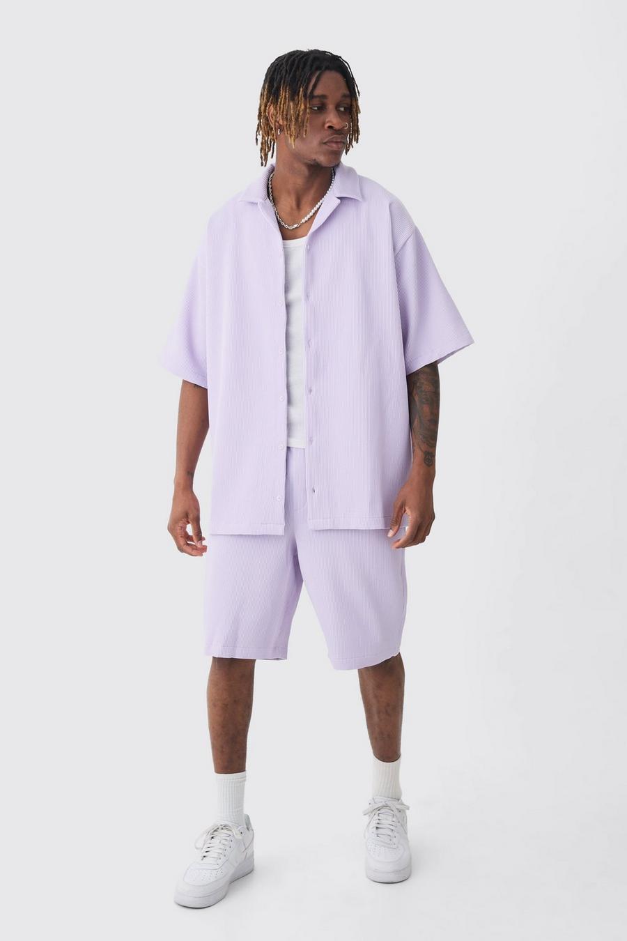 Tall Oversized Short Sleeve Pleated Shirt & Short In Lilac Set image number 1