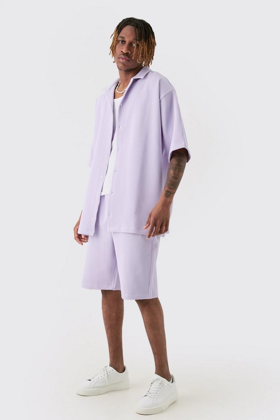 Lilac Tall Oversized Geplooid Overhemd Met Korte Mouwen En Shorts In Lila