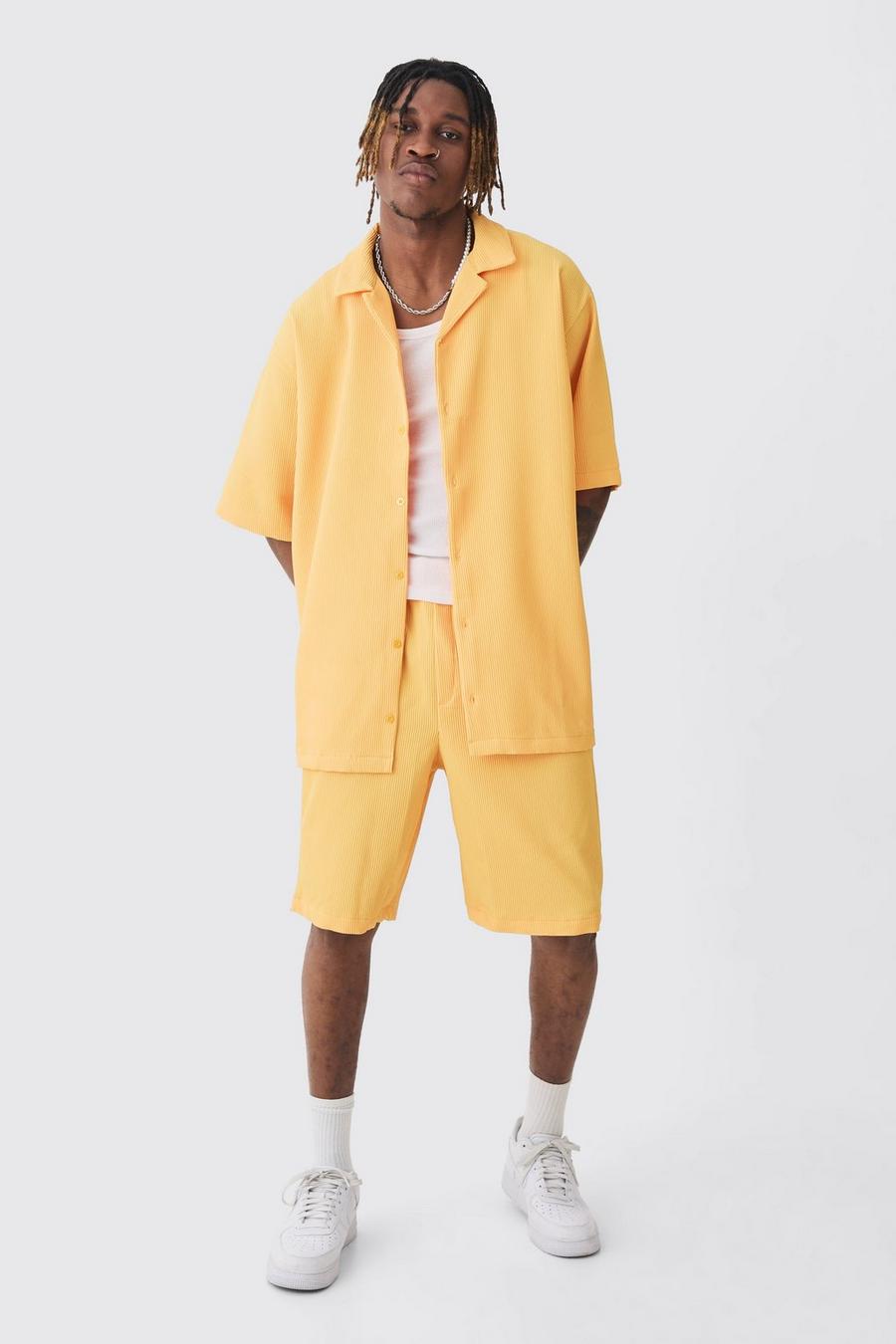 Yellow Tall Oversized Geplooid Overhemd En Shorts Set In Geel