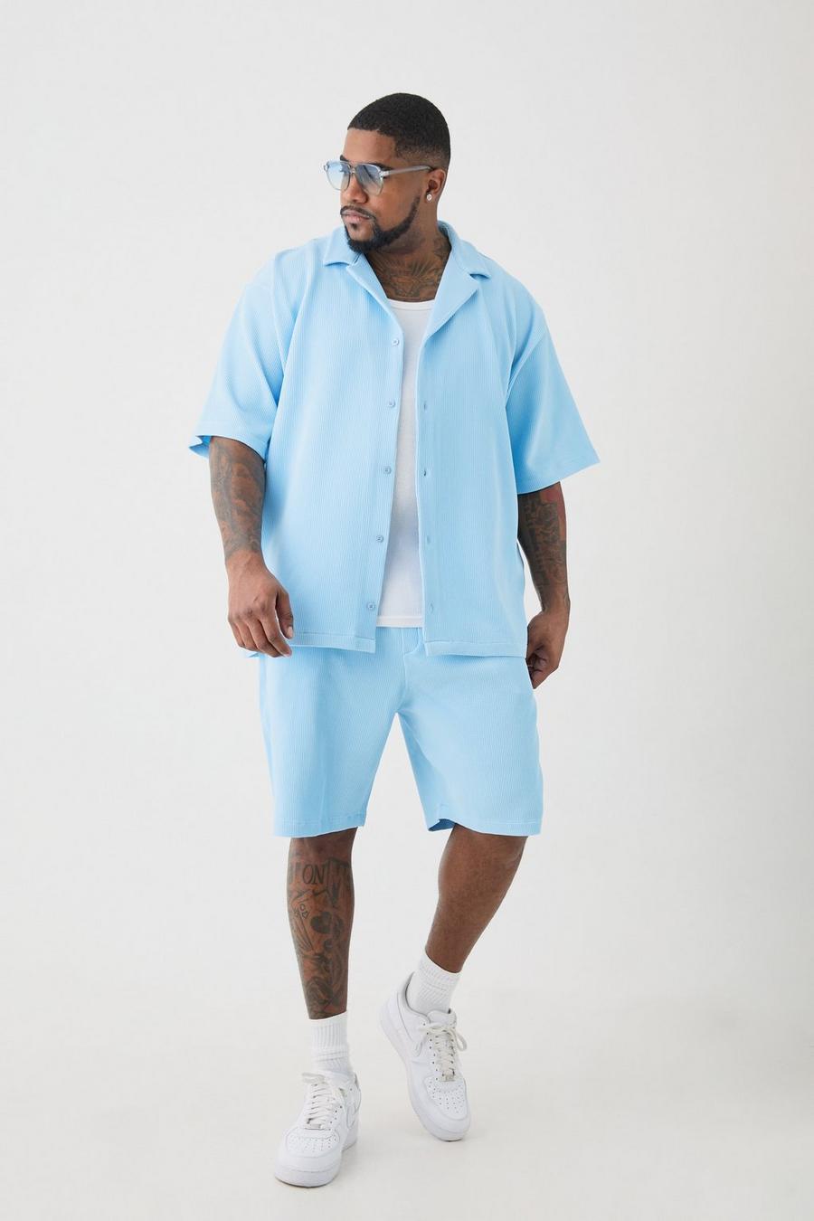 Plus Drop Revere Pleated Shirt & Short Set In Blue image number 1