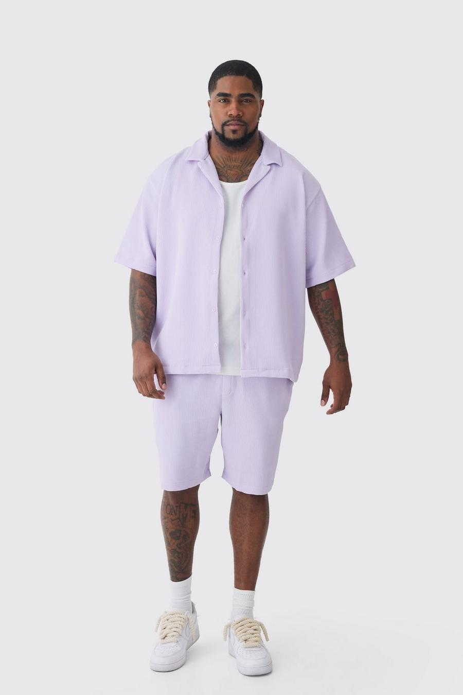 Camicia Plus Size a pieghe con rever scesi & pantaloncini lilla, Lilac image number 1