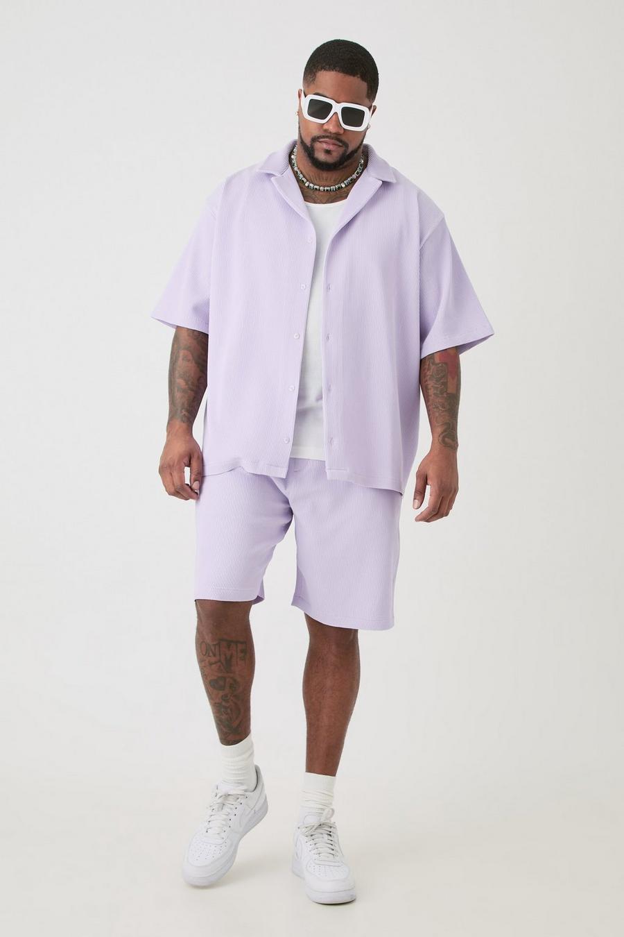 Camicia Plus Size a pieghe con rever scesi & pantaloncini lilla, Lilac