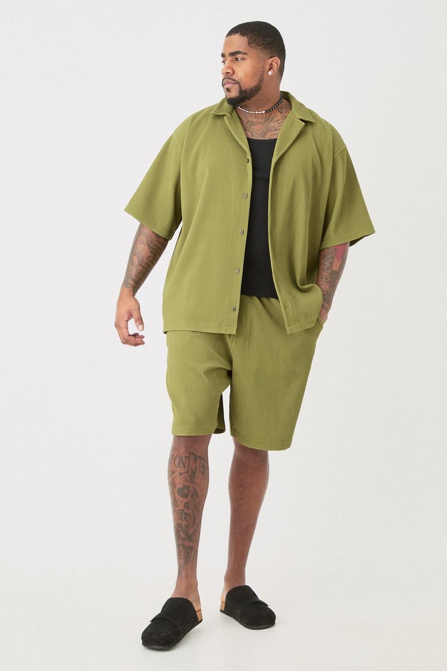 Set Plus Size camicia a pieghe & pantaloncini color kaki con rever scesi, Khaki