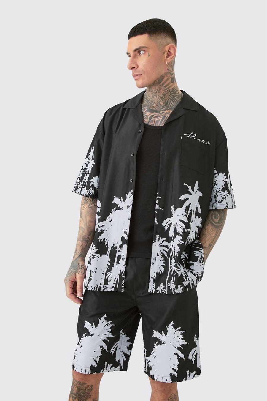 Camicia squadrata Tall oversize in twill morbido con palme sul fondo & pantaloncini, Black image number 1