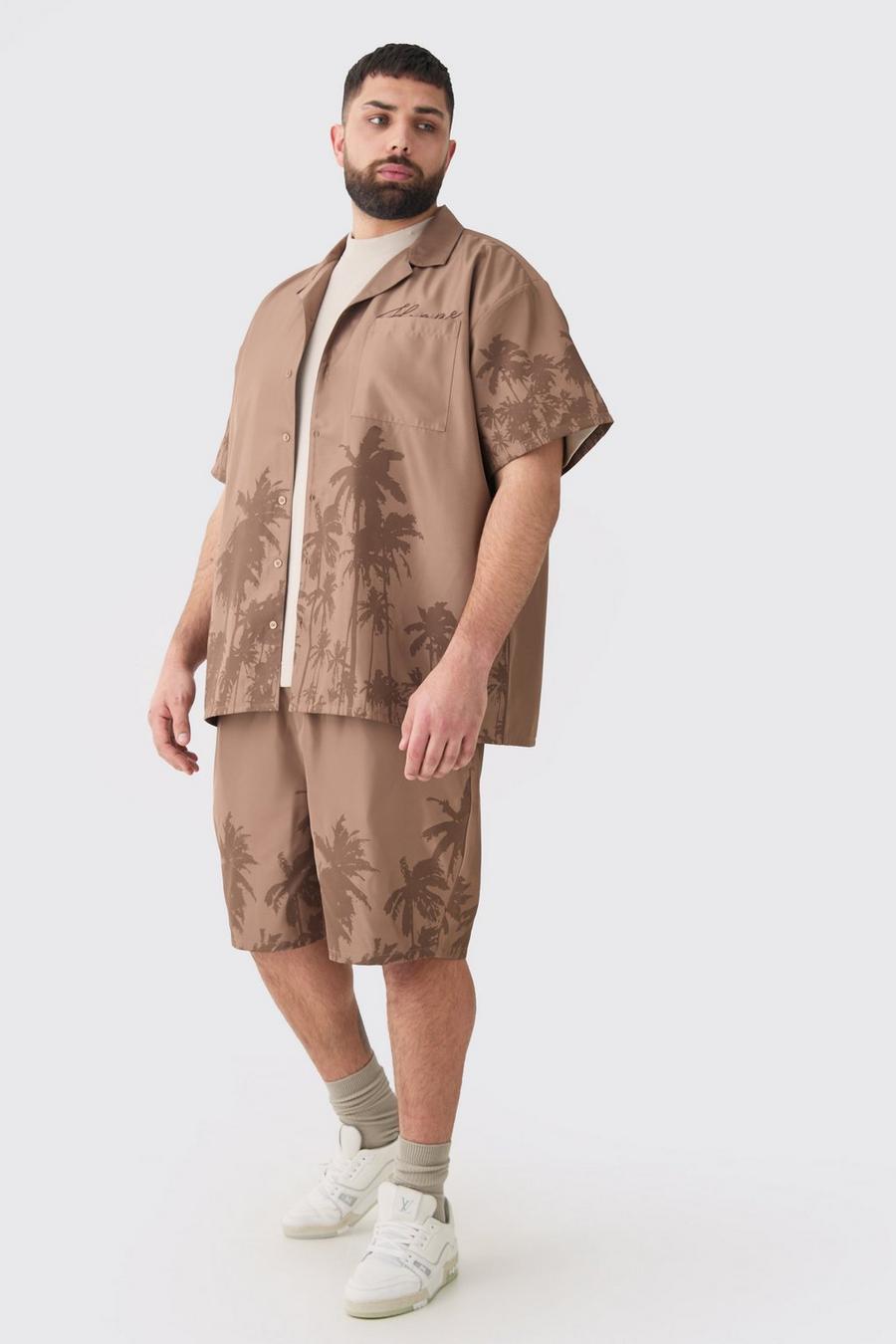 Plus kastiges Oversize Hemd mit Palmen-Saum & Shorts, Taupe image number 1