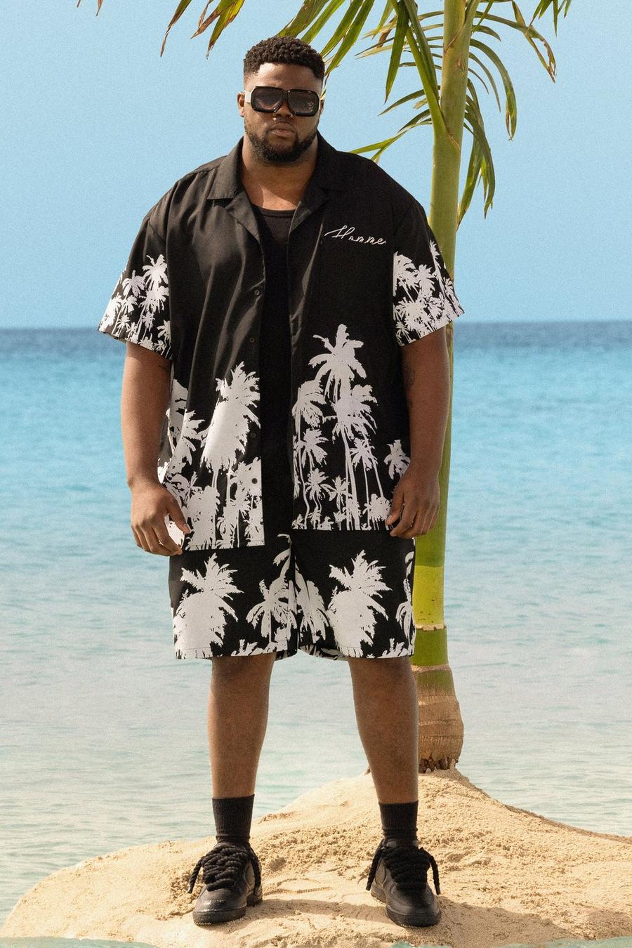 Black Plus Oversize skjorta och shorts i twill med palmer image number 1