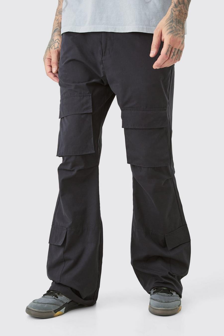 Tall Fixed Waist Relaxed Peached Flare Cargo Trouser, Black image number 1
