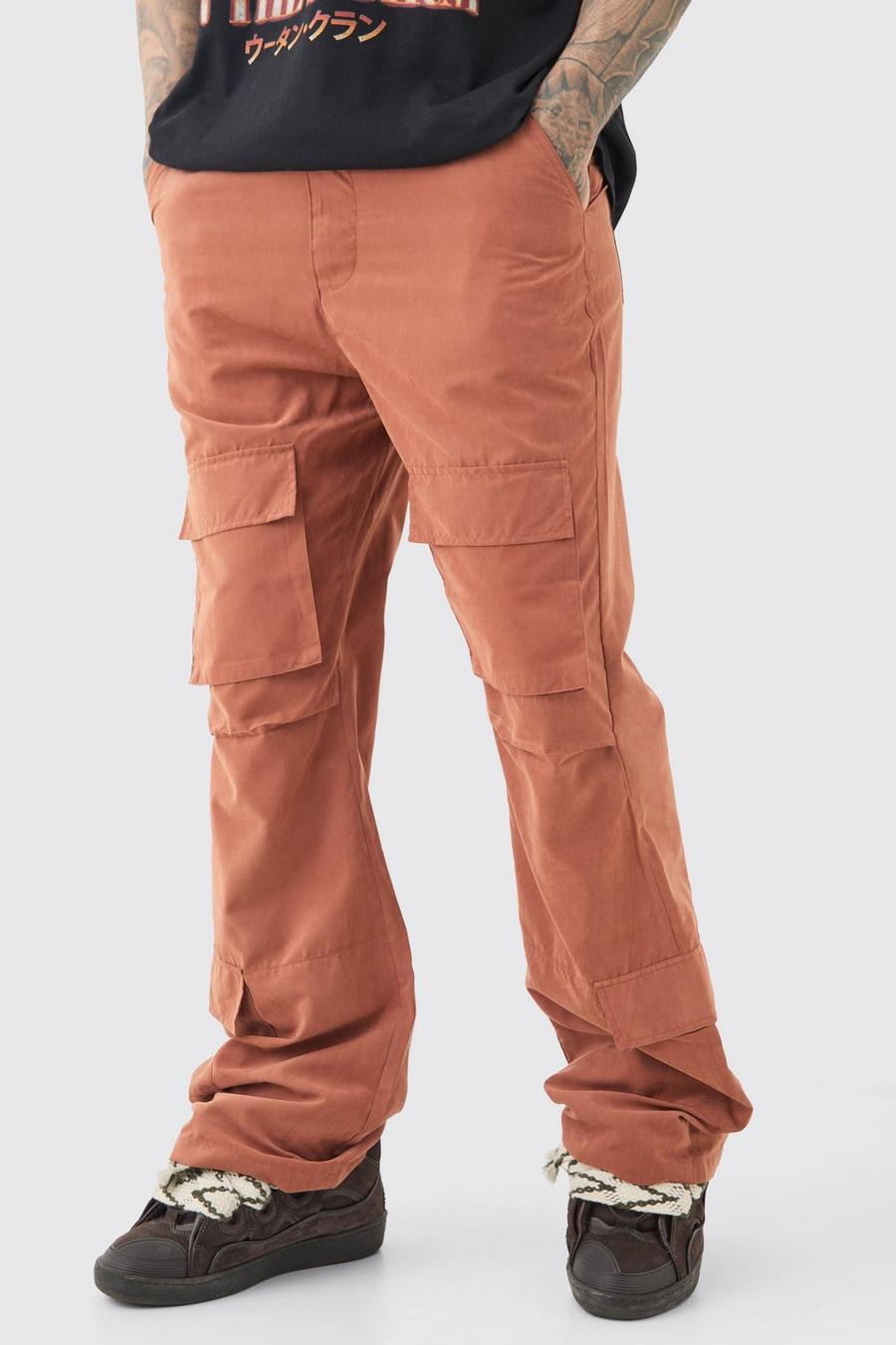 Brown Tall Baggy Flared Perzikhuid Cargo Broek Met Tailleband