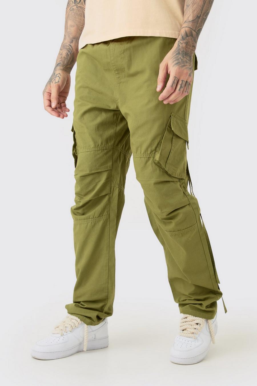 Khaki Tall Elasticated Waist Straight Washed Ripstop Cargo Trouser image number 1