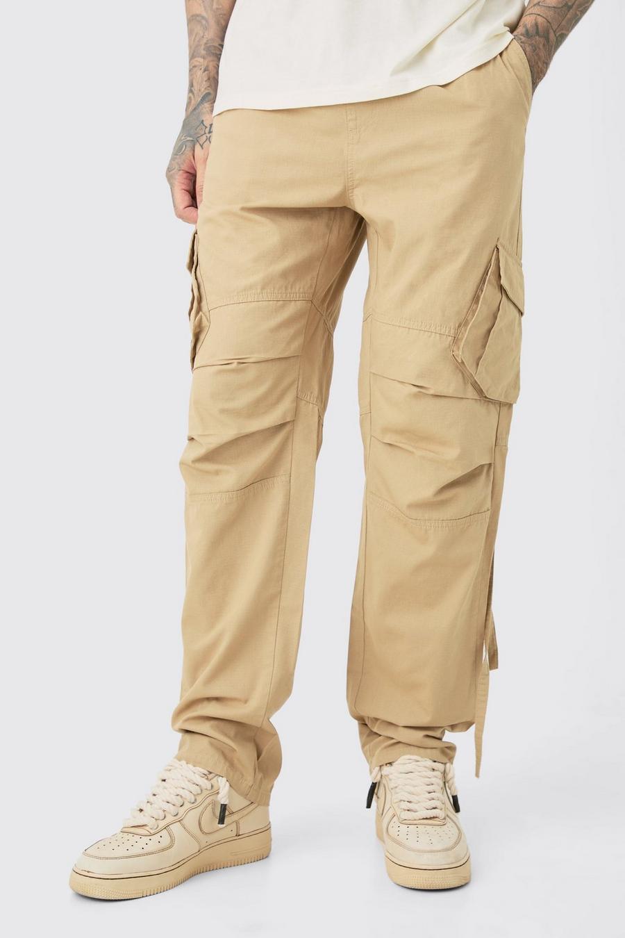 Tall Elasticated Waist Straight Washed Ripstop Cargo Trouser, Taupe image number 1