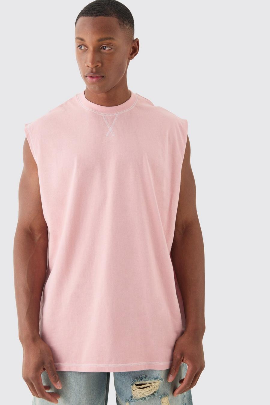 Pink Oversized Contrast Stitch Tank image number 1