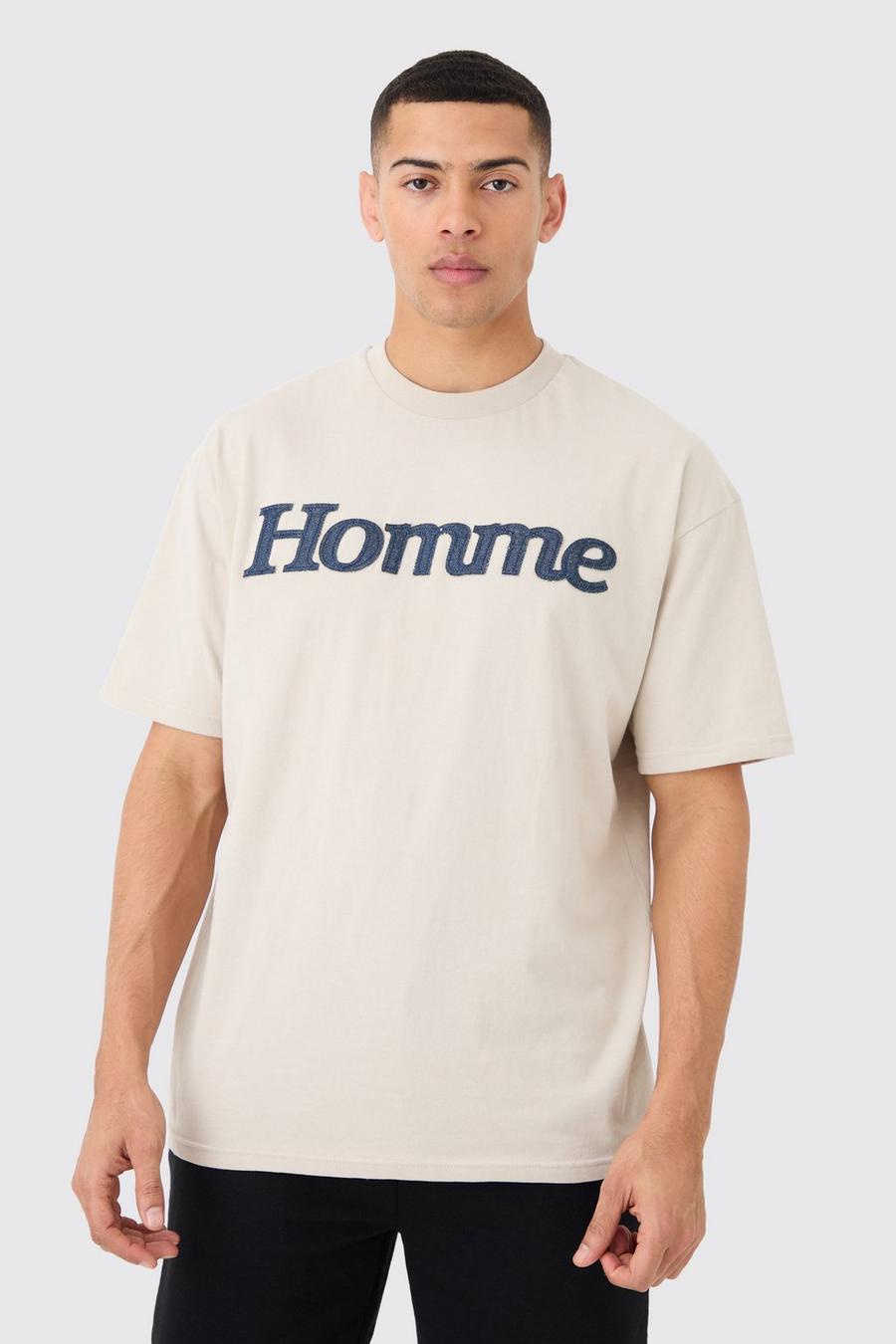 Oversize T-Shirt mit Denim-Applikation, Stone image number 1