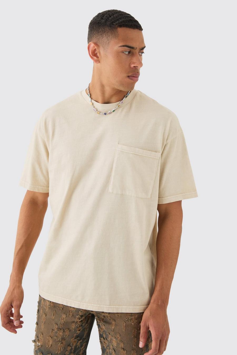Camiseta oversize con lavado a la piedra y bolsillo, Sand