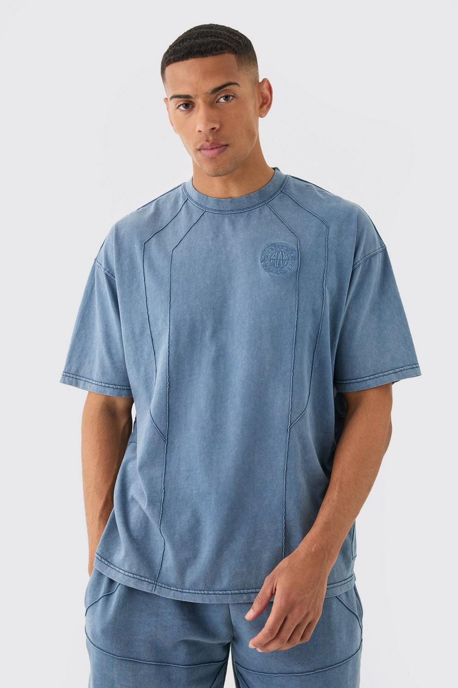 Blue Oversized Wash Pintuck Embroidered T-shirt