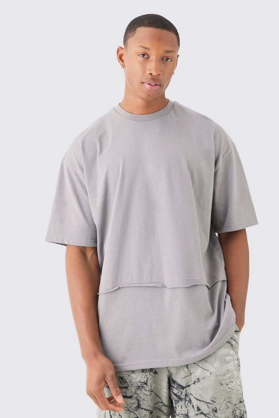 Charcoal Oversized Onbewerkt T-Shirt Met Laagjes