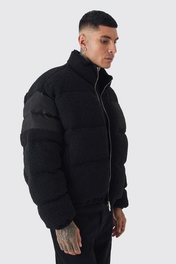 Tall Borg & Nylon Funnel Neck Puffer Jacket In Black black