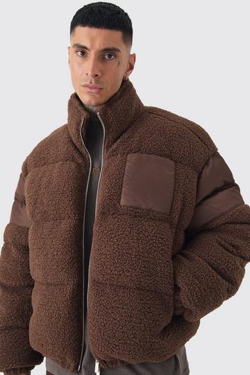 Tall Borg & Nylon Funnel Neck Puffer Jacket In Chocolate chocolate