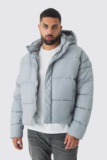 Grey Plus Boxy Crinkle Nylon Puffer Jacket In Light Grey